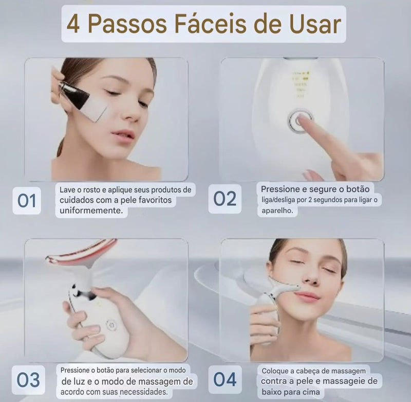 Massageador Portátil Beleza & Firmeza para Rosto e Pescoço – LED + Vibração + Fototerapia | Amaia Beleza