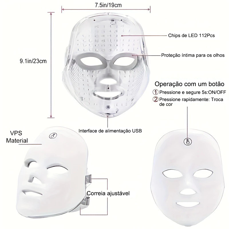 Máscara Facial LED 7 Cores Profissional – Clareia a Pele, Controla Acne e Reduz Poros para Tratamento Facial em Casa
